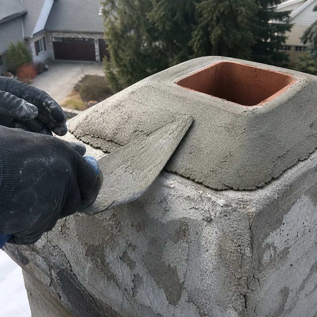 Technician applying a custom concrete chimney crown repair in Harrison, NY