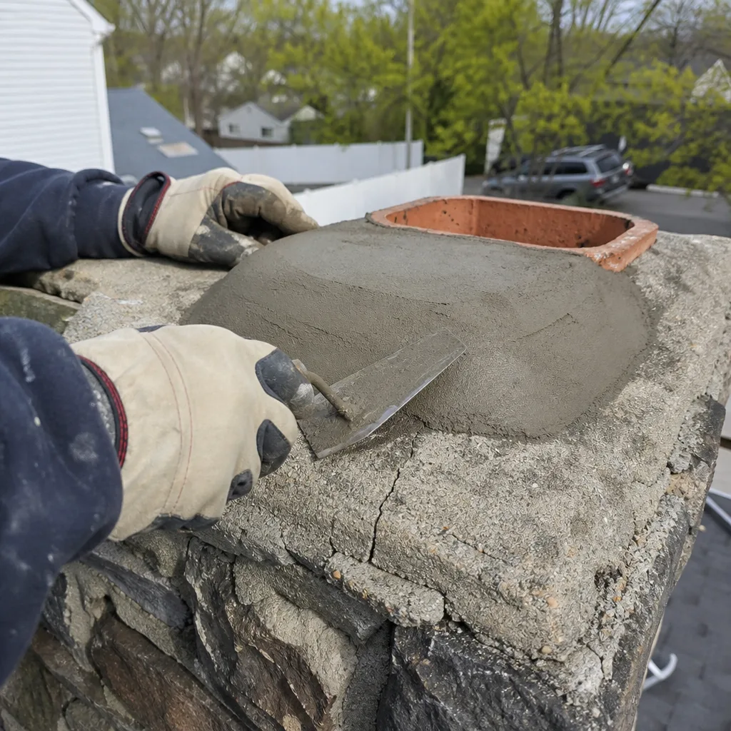 Professional technician repairing a chimney crown with mortar and a trowel in Harrison, NY