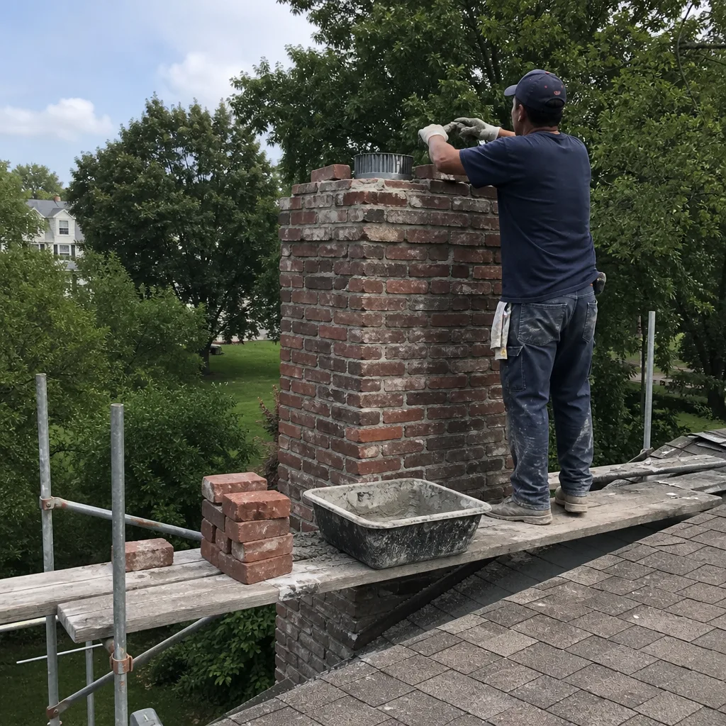 Professional contractor performing brick chimney rebuild and liner repair on roof in Rye, NY