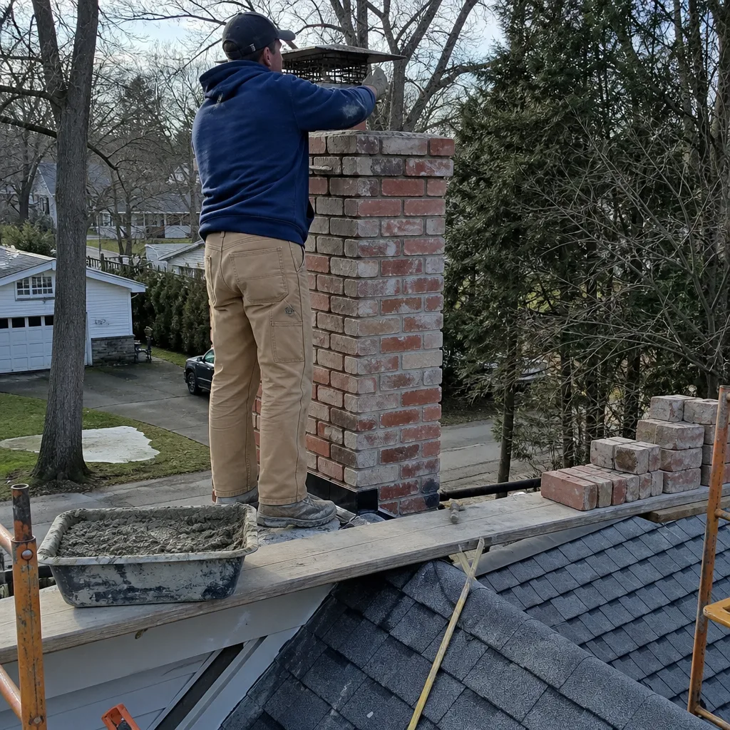Professional chimney technician repairing a brick chimney on a residential roof. in Rye, NY