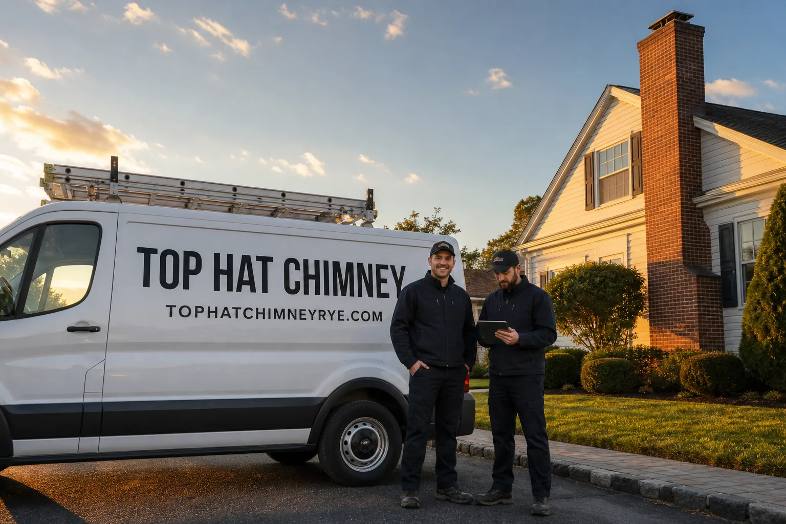Top Hat Chimney chimney cleaning service vehicle and crew in Rye, NY